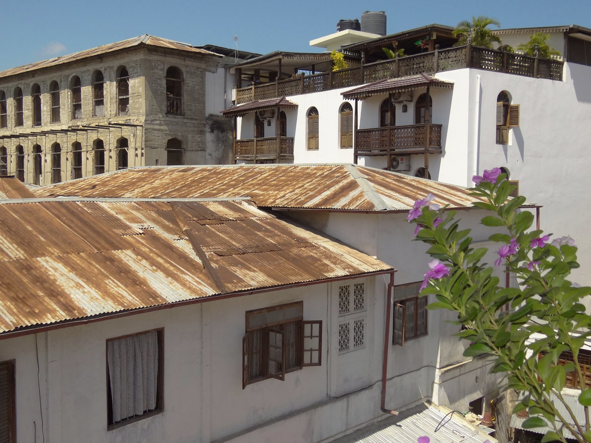 Rusted corrugated-iron and tiled roofs of tightly packed Stone Town buildings seen from above, with carved wooden balconies, shuttered windows and bougainvillea in the foreground.