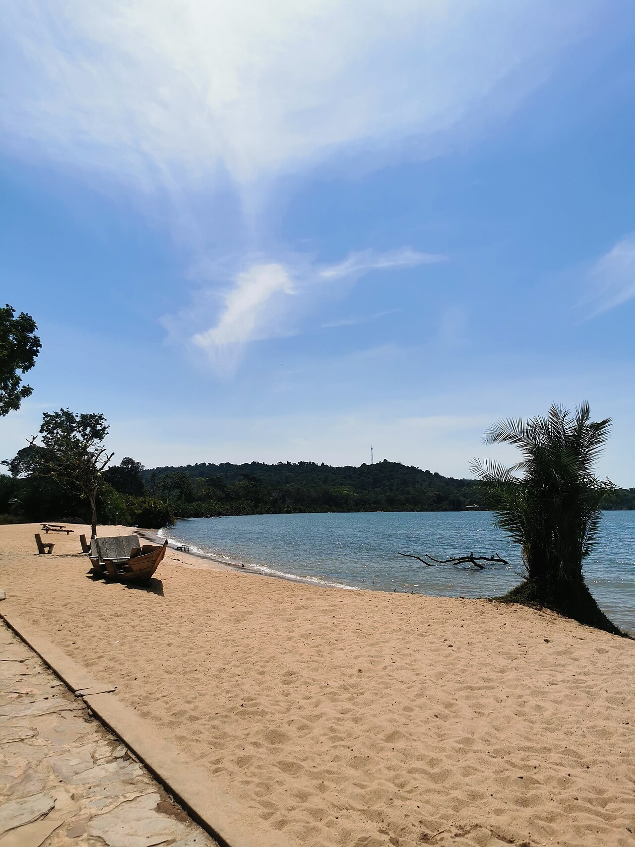 A quiet sand beach on the island shore of Lake Victoria, with a small boat drawn up and leaning palms at the water line.