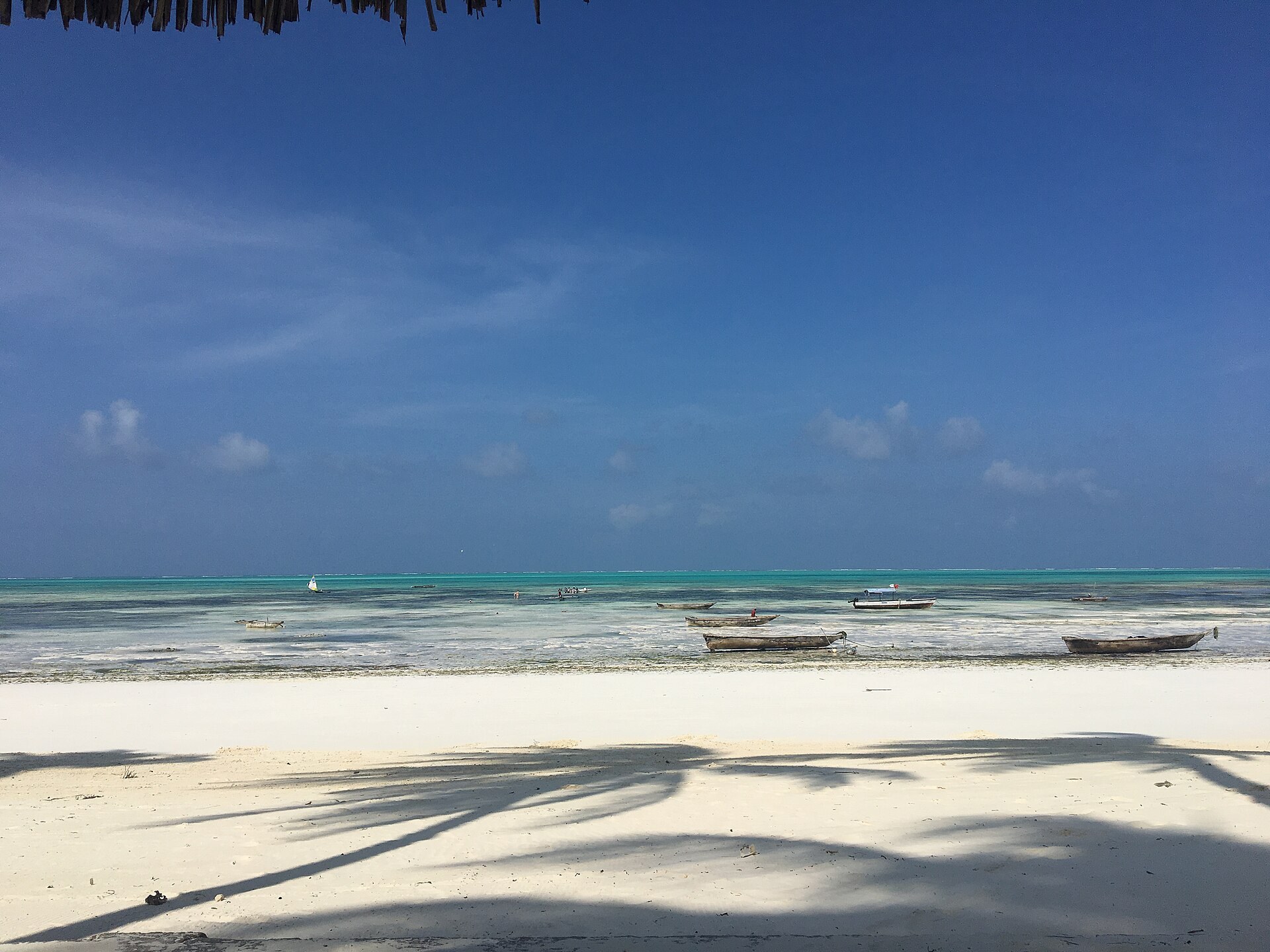 The beach at Jambiani at low tide, with the shadow of a palm falling across bright white sand and small boats resting on the pale green shallows beyond.